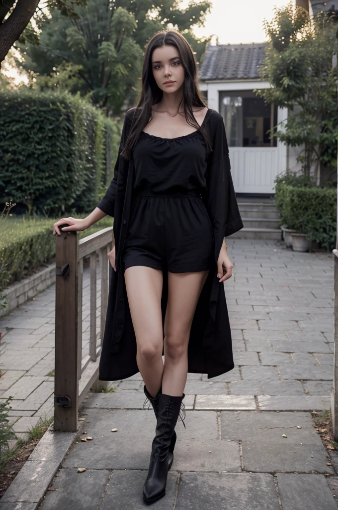 dark hair girl en robe noire et bottes posant sur une balustrade, débardeur et short noirs moulants, Victoria Gavrilenko, porter une camisole et un short, elle porte un débardeur noir, Angelina Stroganova, Alina Ivanchenko, style de Julia Razumova, vêtu d&#39;un haut et d&#39;un short