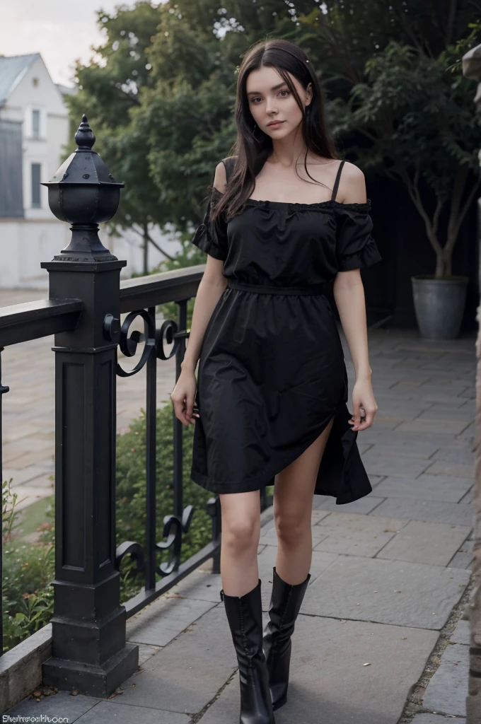 dark hair girl en robe noire et bottes posant sur une balustrade, débardeur et short noirs moulants, Victoria Gavrilenko, porter une camisole et un short, elle porte un débardeur ????, Angelina Stroganova, Alina Ivanchenko, style de Julia Razumova, vêtu d&#39;un haut et d&#39;un short