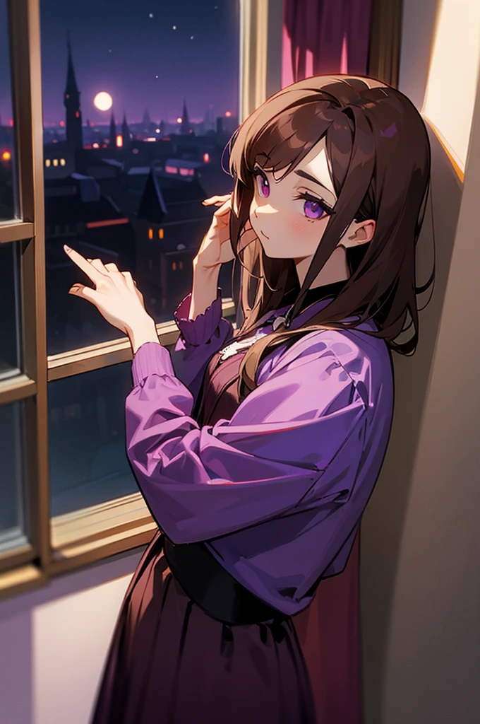 A vampire, brown hair, purple clothes, near the window, night