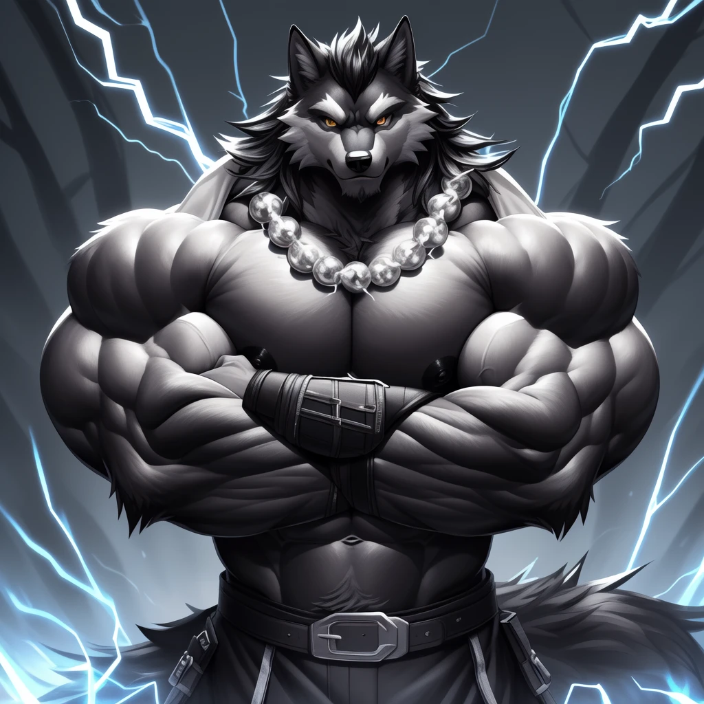 (upload on e621) (Masterpiece) (by Drks) (best quality) (ultra high res) 4K (8k HD) 2D (perfect anatomy) (digital art) (official art) (extreme detailed) (ultra detailed) (strapsanime) color (soft shading) (sharp focus) (forest woods background) 1man black body fur silver belly detailed fluffy fur (ultra detailed face) (detailed eyes:1.0) (detailed iris eyes:1.0) (detailed golden yellow eyes:1.0) (white sclera) (black pupils) big navel abs bare pectoral (((silver tuft on his chest))) (((huge black shiny nipples))) black claw nails furry wolf male mature male dark black giant bulky muscular body fur giant size canid (((huge muscles))) (((hyper muscles:1.3))) huge pecs (((oversize pecs:1.3))) huge biceps (((giant biceps:1.3))) (((fullbody:1.4))) canine canis mammal powerful wolf god wolf male fierce face badass wolf anthro solo standing (((wearing black full complete sleeveless long trench coat:1.2))) (((dark black longest flowing length hair:1.3))) (((dark black longest flowing length back fur hair:1.3))) (((dark black longest length hair fur front lay on pecs:1.3))) (((best longest dark black flowing hair:1.3))) (((perfect fingers))) (((five fingers))) dark black hands and fingers (((wearing black and silver fingerless gloves))) (((black arm bands on his biceps:1.4))) (((three black arm bands on his forearms:1.4))) (((black huge bead necklaces:1.3))) (((black huge longer bead necklaces around neck to pecs:1.3))) (((dark black and silver underside long wolf tail))) (((black and silver long pants with silver lines with belt straps on both legs))) (((silver electricity and wind aura flow entire body))) (((crossed arm pose)))