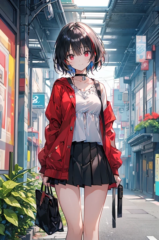 (masterpiece, highest quality, highest quality, (No text), Beautiful and aesthetic:1.2),No text,アニメ、BREAK,One Girl,Black Hair Girl short hair older sister choker Tree Eyes Beautiful eyes Red eyes cool smile Red and Black Black jacket mini skirt whole body In town