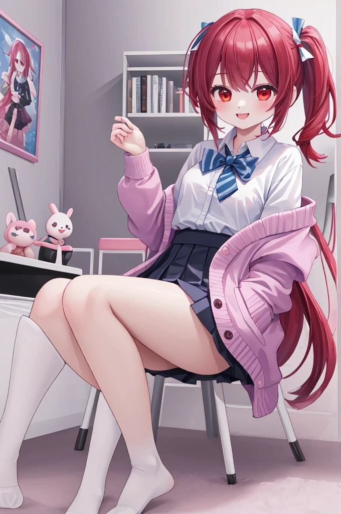 (The ultimate masterpiece), (Ultra HD), (Ultra-fine), High resolution, Ultimate beauty, High chroma, vivid,Girl,(pretty girl), Thighs, (cardigan), (skirt), Super Smile, Red hair,ショートBob,(Bob),Red Eyes ,Small breasts, Cute room,put one's hand between one's thighs