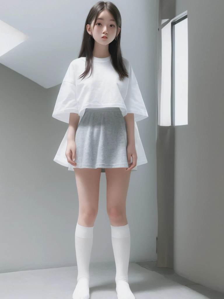A woman wearing white knee-high socks、White T-shirt、White mini skirt、Japanese、Standing posture、The whole body is in it、Highest quality、Looking this way、18-year-old