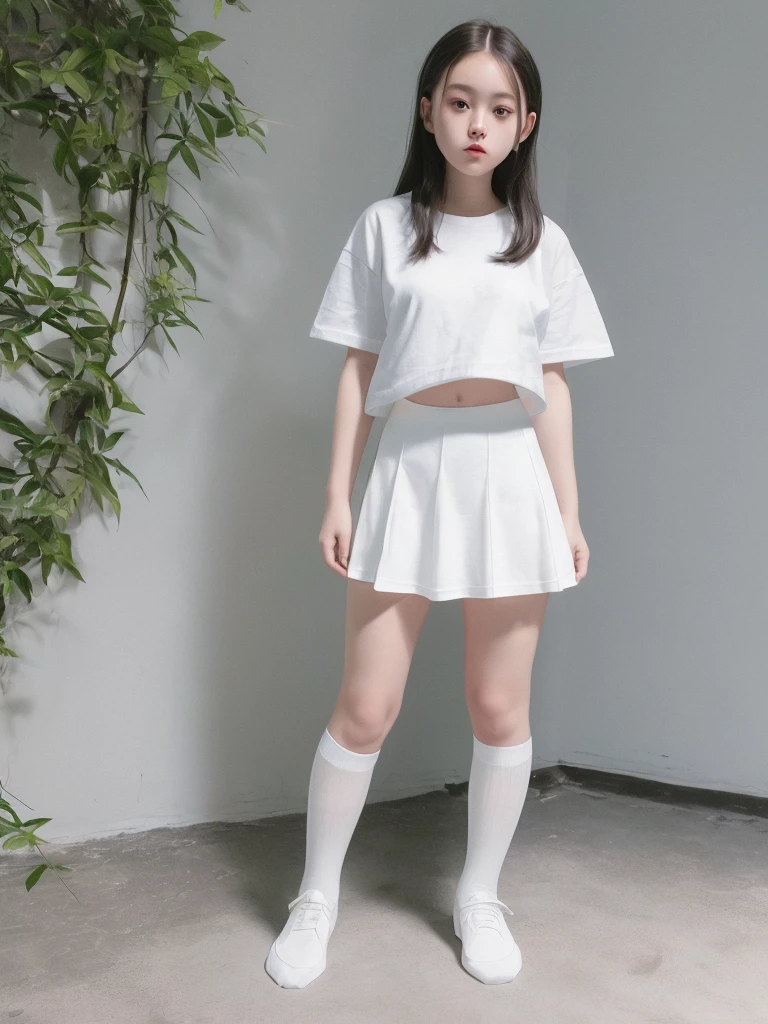 A woman wearing white knee-high socks、White T-shirt、White mini skirt、Japanese、Standing posture、The whole body is in it、Highest quality、Looking this way、18-year-old