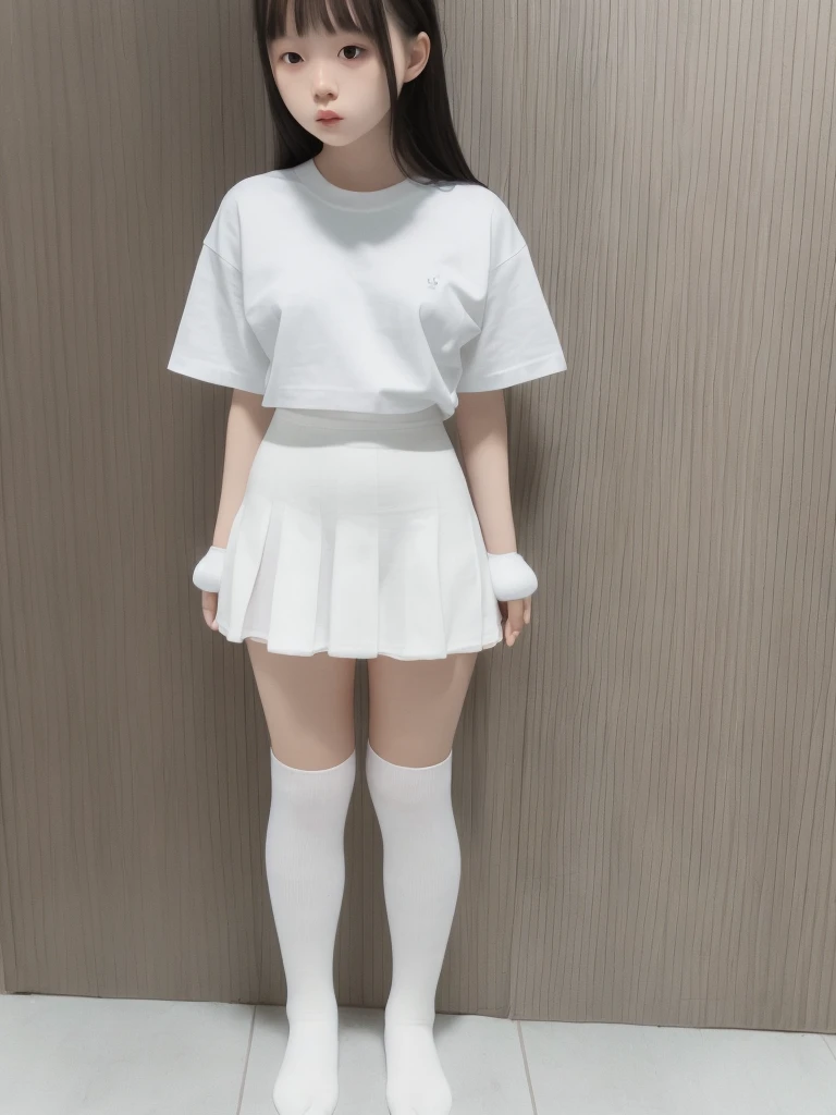 A woman wearing white knee-high socks、White T-shirt、White mini skirt、Japanese、Standing posture、The whole body is in it、Highest quality、Looking this way、18-year-old