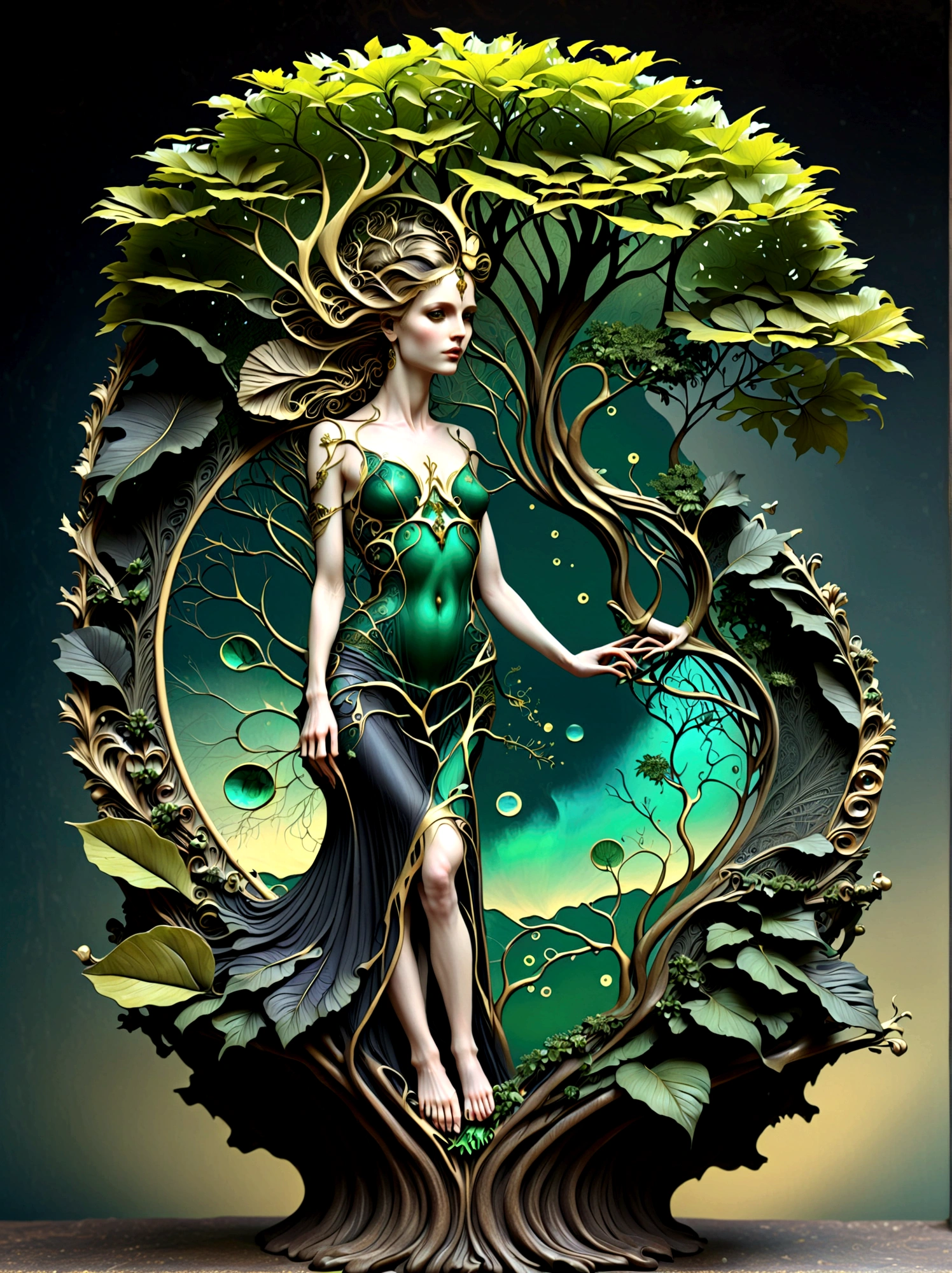 a beautiful portrait of a woman with the tree of life growing from her head in an abstract marble texture, with colors of obsidian black, shiny gold, and emerald green, highly detailed, intricate design, BY Anne Bachelier,