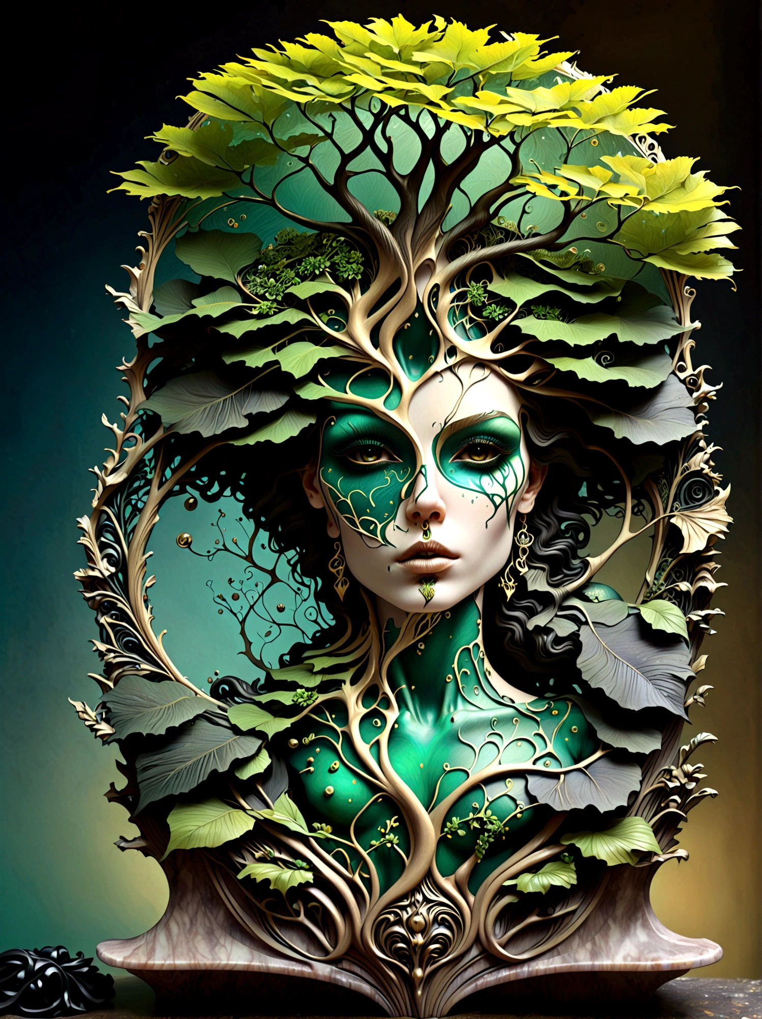 a beautiful portrait of a woman with the tree of life growing from her head in an abstract marble texture, with colors of obsidian black, shiny gold, and emerald green, highly detailed, intricate design, BY Anne Bachelier,