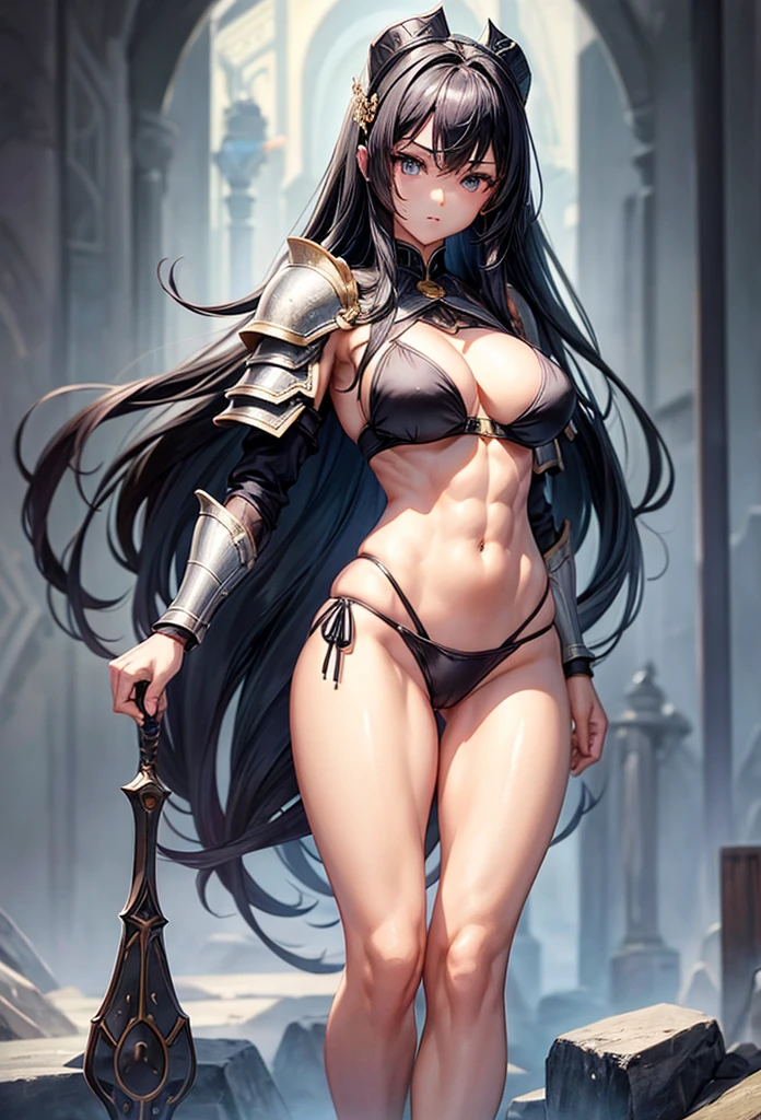 beautiful girl、Big Breasts、Black Hair、Long Straight、Great style、Nice body、Abdominal muscleuscular、Beautiful buttocks、Toned Legs、Bikini Armor、Erotic armor、Are standing、The whole body is visible、