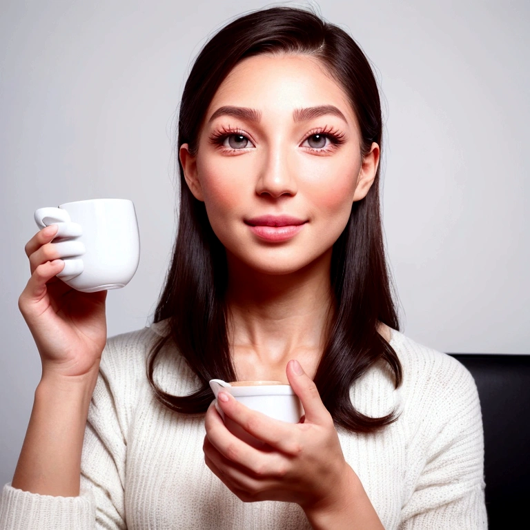 a man drinks coffee , 30 years old, Alone, handsome face, eyelashes, nose, glossy lips, (Beautiful eyes, viewer, clear skin, white skin: 1.5), Fine complexion, , Create a professional and creative logo for the company "C2" (Controle Dois). The logo should include a happy player with medium to dark brown skin, holding a video game controller in one hand and offering a second controller to the viewer, breaking the fourth wall. The scene should include a hot cup of coffee. The facial expression should convey joy and fun. 