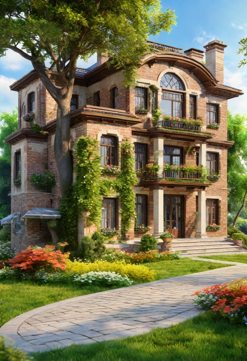 (Photorealism), (Highest quality, masterpiece, Full of details), Two-tower mansion, Lots of trees, Colorful gardens, flower pot, Old mansion, White stone road, Green Grass, blue sky, sunlight, Brown brick mansion, Ultra HD