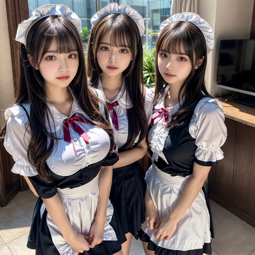 (2girls, twins:1.3), (beauty girls, delicate girls:1.3), (20 years old:1.3),
break, (cute maid uniform, ruffle blouse, pink ribbon tie, skirt:1.2),
break, (maid cafe:1.2),
break, very fine eyes, (symmetrical eyes:1.3),
break, (huge breasts:1.2), brown eyes, parted bangs, brown hair,
break, (eyes and faces with detailed:1.0),
break, (masterpiece, best quality, ultra detailed, detailed face, 8k)