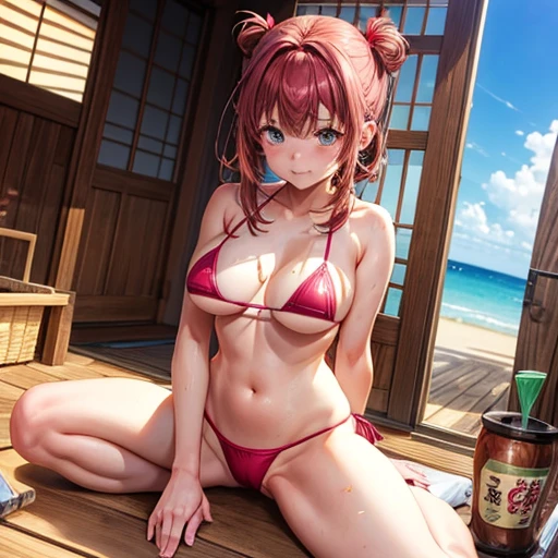 A girl in a micro bikini making yakitori　　Sunburn