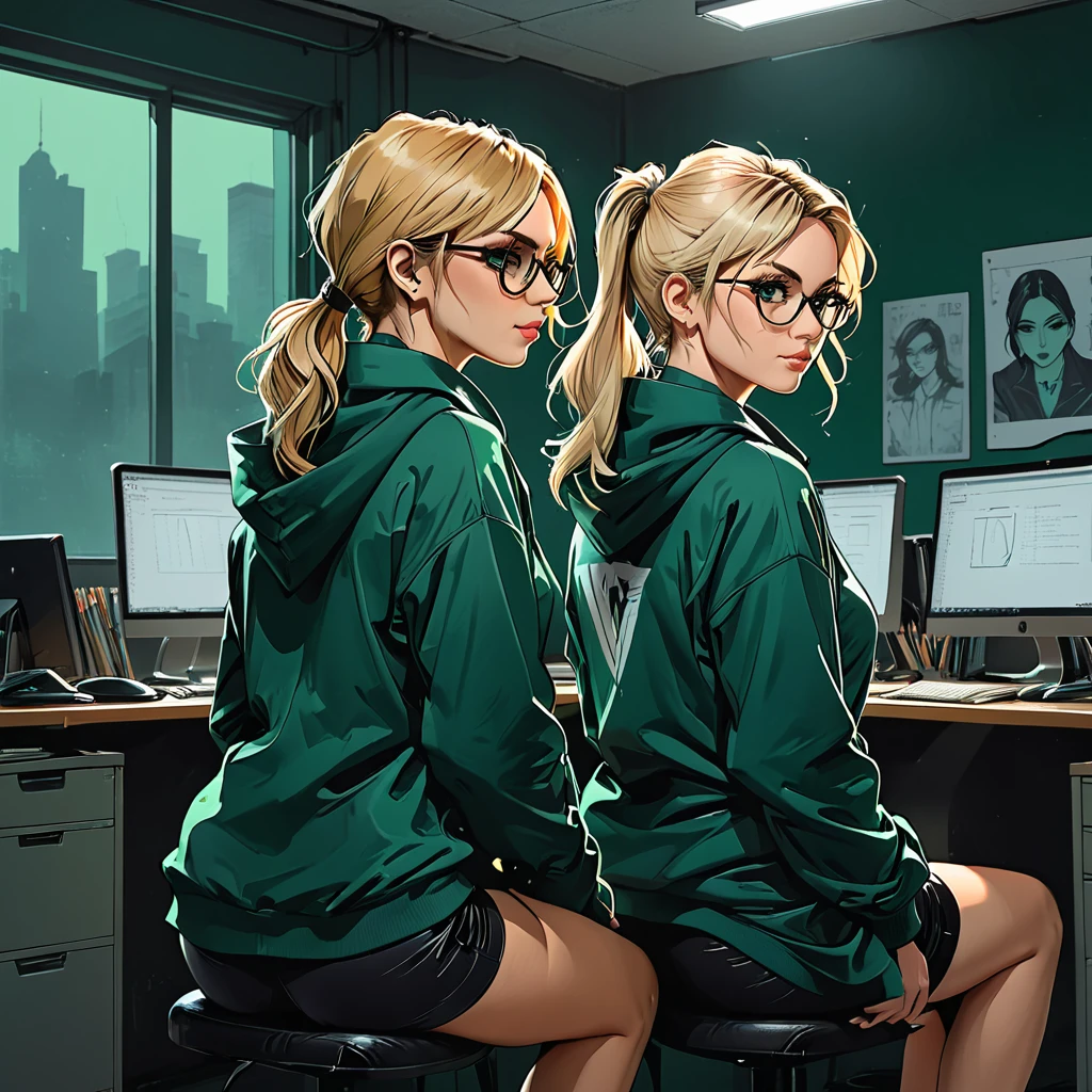 dramatic angle, unique perspective, (2 girl), (((foreground back view girl))\Short blonde Waves pixie hair in \Blue oversized hoodie \sitting back to viewer, \no face), (((background front view girl))\in a classic dark green suit with \round glasses and a \white shirt with  \Long Sleek Straight Ponytail Slicked back black Hair and \green eyes \Hawk long Nose \Long and Diamond type Face \sitting facing viewer), (detailed background, dynamic composition), (expressive faces), 
at dark green office, 
look at each other, ((look at the side)),

graphic style of novel comics,dark novel, 2d, 8k, hyperrealism, masterpiece, high resolution, best quality, ultra-detailed, super realistic, Hyperrealistic art, high-quality, ultra high res, highest detailed, lot of details, Extremely high-resolution details, incredibly lifelike, colourful, soft cinematic light,