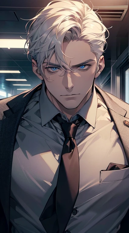 (best quality, masterpiece, 8K, photorealistic, cinematic lighting, hdr image, ultra detailed, beautiful image), 1 man, 31 years old, mature man, very handsome, (without expression, serious), short white hair, blue eyes ( penetrating gaze), perfect face without errors, imposing posture, without errors, businessman, office background