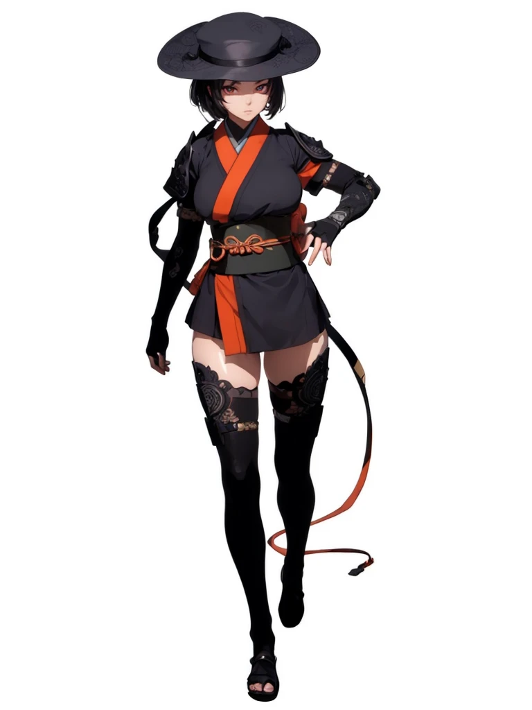 ((1girl, solo)), beautiful body, (perfect anatomy, perfect body, perfect hands, perfect legs), (five fingers:1.5), natural proportions, sexy body, large breasts BREAK 

((extremely detailed face)), (beautiful detailed eyes:1.6), (realistic pupils, realistic iris:1), expressive eyes, looking at viewer, (clear eyes:1.3), (hyperrealistic:1.2), (detailed skin texture:1.2), smooth skin, (black hair:1.5), (red eyes:1.3),  ((mature female)), (detailed lips:1.2), (attractive lips:1.1), (glossy lips:1.1), (parted lips), perfect face, perfect eyes BREAK

japanese clothes, (short kimono:1.5), puffy short sleeves, sash, black elbow gloves, fingerless gloves, (arm guard:1.5), thighs, black thighhighs, ass visible through thighs, hat BREAK

(masterpiece:1.5), anime-style, top quality, best quality, (beautiful and aesthetic:1.2), (ultra detail:1.5), Ultra-detailed depiction, Ultra-precise depiction, extremely detailed 8k illustration, high resolution, (highly detailed shading:1.2), (realistic lighting:1.4), perfect lighting, vibrant colors, dynamic tones, striking hues, 8k, absurd resolution, perfect shadows, hdr, UHD, ambient lighting, realistic, ultra-realistic, photo realistic, highly detailed, rich detail, luminous colors, fine texture, intricate design, professional illustration, (soft light:1.2), (illustration:0.7)