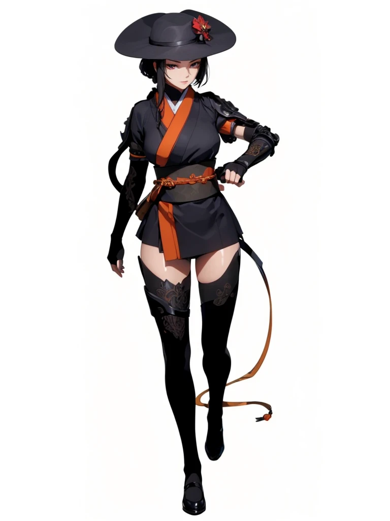 ((1girl, solo)), beautiful body, (perfect anatomy, perfect body, perfect hands, perfect legs), (five fingers:1.5), natural proportions, sexy body, large breasts BREAK 

((extremely detailed face)), (beautiful detailed eyes:1.6), (realistic pupils, realistic iris:1), expressive eyes, looking at viewer, (clear eyes:1.3), (hyperrealistic:1.2), (detailed skin texture:1.2), smooth skin, (black hair:1.5), (red eyes:1.3),  ((mature female)), (detailed lips:1.2), (attractive lips:1.1), (glossy lips:1.1), (parted lips), perfect face, perfect eyes BREAK

japanese clothes, (short kimono:1.5), puffy short sleeves, sash, black elbow gloves, fingerless gloves, (arm guard:1.5), thighs, black thighhighs, ass visible through thighs, hat BREAK

(masterpiece:1.5), anime-style, top quality, best quality, (beautiful and aesthetic:1.2), (ultra detail:1.5), Ultra-detailed depiction, Ultra-precise depiction, extremely detailed 8k illustration, high resolution, (highly detailed shading:1.2), (realistic lighting:1.4), perfect lighting, vibrant colors, dynamic tones, striking hues, 8k, absurd resolution, perfect shadows, hdr, UHD, ambient lighting, realistic, ultra-realistic, photo realistic, highly detailed, rich detail, luminous colors, fine texture, intricate design, professional illustration, (soft light:1.2), (illustration:0.7)