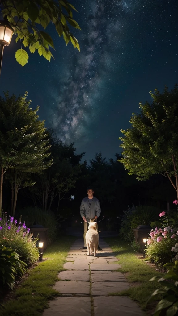 To create a cinematic style image where a dog and an alien play happily in a lush garden at night, with advanced details, let&#39;s imagine the scene as follows:

**supper: Lush garden at night**

1. **General Environment:**
   - The garden is vast and lush, with lush green, manicured lawns.
   - In the background, we see a big leafy tree, whose leaves filter the dim moonlight, creating shadow patterns on the ground.
   - The night sky is clear and starry, with visible constellations and the Milky Way standing out in soft shades of dark blue and purple.

2. **garden details:**
   - Vibrant flowers of all colors are scattered throughout the garden: red roses, white lilies, yellow daisies and blue violets, creating a vivid contrast with the dark green of the leaves.
   - Japanese lanterns softly illuminate the stone path that winds through the garden, adding a touch of mystery and magic to the environment.

3. **Personagens:**
   - **Puppy:**
     - A young and playful golden retriever, with shiny golden fur and eyes full of curiosity. He has his tongue out, showing happiness while running around the flowers.
   - **extraterrestrial:**
     - A small and luminous being, with a soft aura that emits a bluish light. Its body is covered in iridescent silver skin., with big black eyes that shine softly. He smiles curiously at the dog, making soft sounds that indicate friendly communication.

4. **Lighting and Atmosphere:**
   - The main lighting comes from the full moon, that casts a soft light over the garden, highlighting the details of flowers and tree shapes.
   - Little firefly lights float around, adding a magical glow to the scene as the characters play.

5. **Expression of Movement and Emotion:**
   - The dog runs in circles around the alien, sometimes stopping to smell a flower or look curiously at