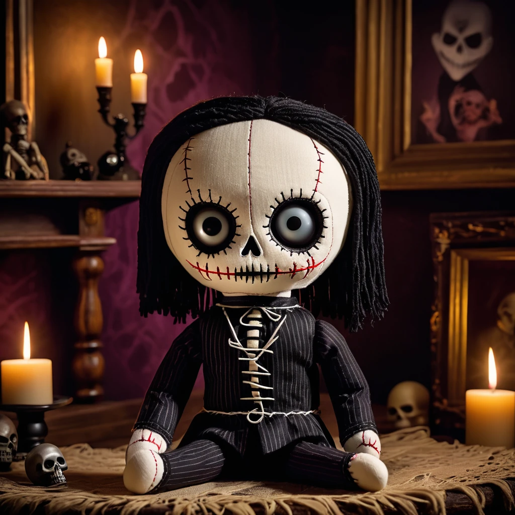 (knitted toy voodoo doll:1.7), (Voodoo Doll in an Addams Family Setting:1.3), (Clothing: gothic attire with a spider web pattern:1.0), (Accessories: enchanted skull emitting a spooky glow, floating haunted objects:1.1), (background: eerie mansion with cobwebs, creepy decor, and an atmosphere of dark humor:1.2), best quality, masterpiece, detailed soft oil painting, detailed background, dramatic cinematic lighting, soft edge lighting, professional, dramatic lighting, hard edge lighting, ultra quality, 4k,masterpiece, best quality, 8k, ultra highres, highres, extremely detailed