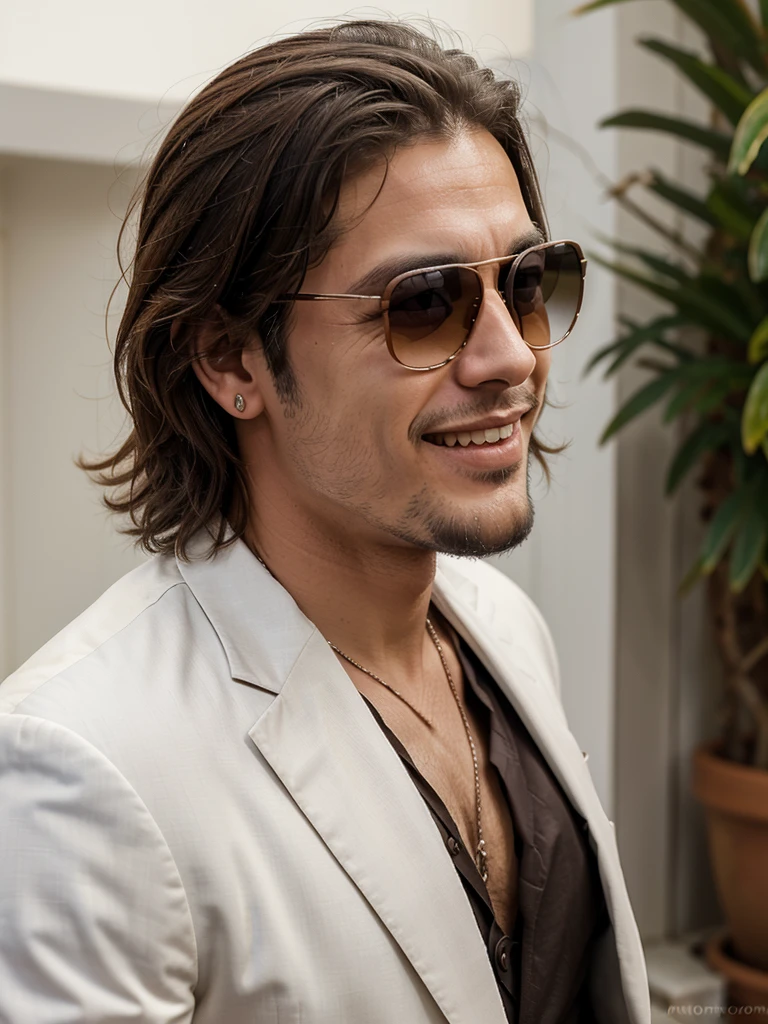 thin white man, latino, brazileiro, thirty years old, with brown hair above and below the ears, with a goatee, eyes browns, with sunglasses, Profile, Grinning, similar to the actor johnny deep, dress with suit.