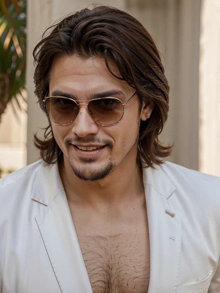 thin white man, latino, brazileiro, thirty years old, with brown hair above and below the ears, with a goatee, eyes browns, with sunglasses, Profile, Grinning, similar to the actor johnny deep, dress with suit.