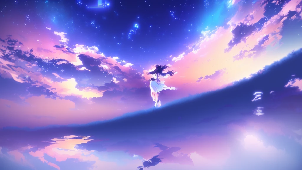 anime, A girl in a white dress floats in the water, Makoto Shinkai Cyril Rolland, anime girl walking on water, anime movie background, beautiful anime scene, today's featured anime still, anime film still, screenshot from the anime film, anime still film anime shikishi, star(null) starry_null