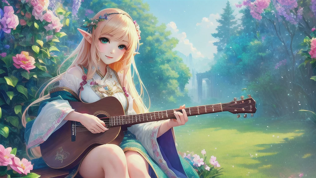 Playing the guitar、Anime girl sitting on a bench with flowers in her hair, Elf girl in floral dress, Elf Princess, Fantasy art style, Anime fantasy illustration, Anime fantasy artwork, Beautiful fantasy anime, Cute and detailed digital art, 8k high quality detailed art, Fantasy Art, A beautiful elf in gorgeous robes, Detailed fantasy digital art, Fantasy-style anime