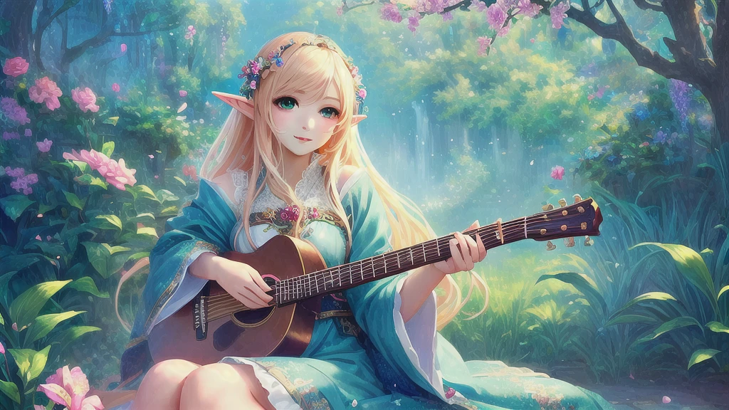 Playing the guitar、Anime girl sitting on a bench with flowers in her hair, Elf girl in floral dress, Elf Princess, Fantasy art style, Anime fantasy illustration, Anime fantasy artwork, Beautiful fantasy anime, Cute and detailed digital art, 8k high quality detailed art, Fantasy Art, A beautiful elf in gorgeous robes, Detailed fantasy digital art, Fantasy-style anime