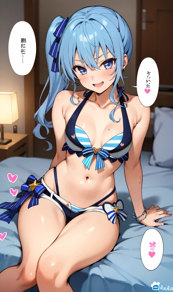 1girl, solo, detailed face, SuiseiSummer, side ponytail, hololive summer 2023 swimsuit, layered bikini, blue bikini, striped bikini, bikini shorts, , long hair,,,my room,looking viewer,side ponytail,small breasts,smile,,(nsfw),(spoken heart,),