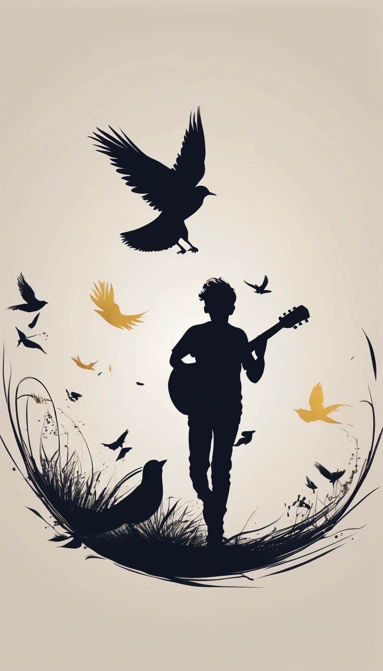 Create a modern, minimalistic logo design for a brand about music and movies called " Penamemoria. The logo must be in minimalistic style and convey a sense of storytelling. The logo is the silhouette of a boy running with open arms, holding an acoustic guitar in the right hand and a bird feather in the left hand.