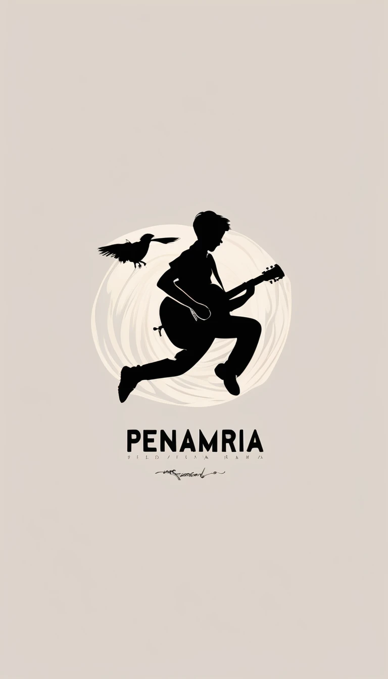 Create a modern, minimalistic logo design for a brand about music and movies called " Penamemoria. The logo must be in minimalistic style and convey a sense of storytelling. The logo is the silhouette of a boy running with open arms, holding an acoustic guitar in the right hand and a bird feather in the left hand.