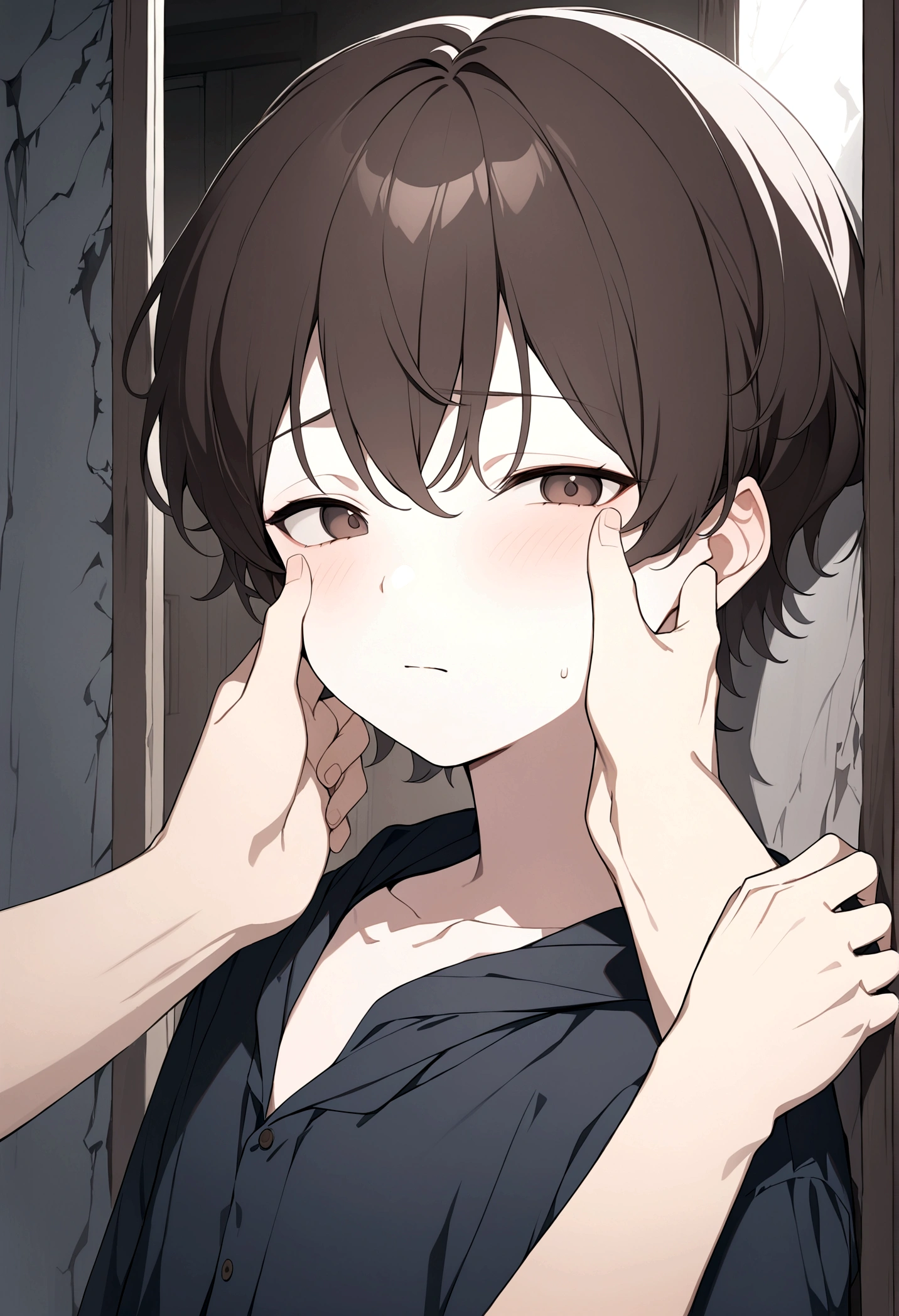 (Masterpiece, 32k, 8k, image focused on the character's face), young boy, 13 years old, tired expression on his face, waking up from a long sleep, dark brown hair, dark brown eyes, (two hands of another person touch the character's face), character facing the viewer, leaning with his back against the wall of an abandoned house