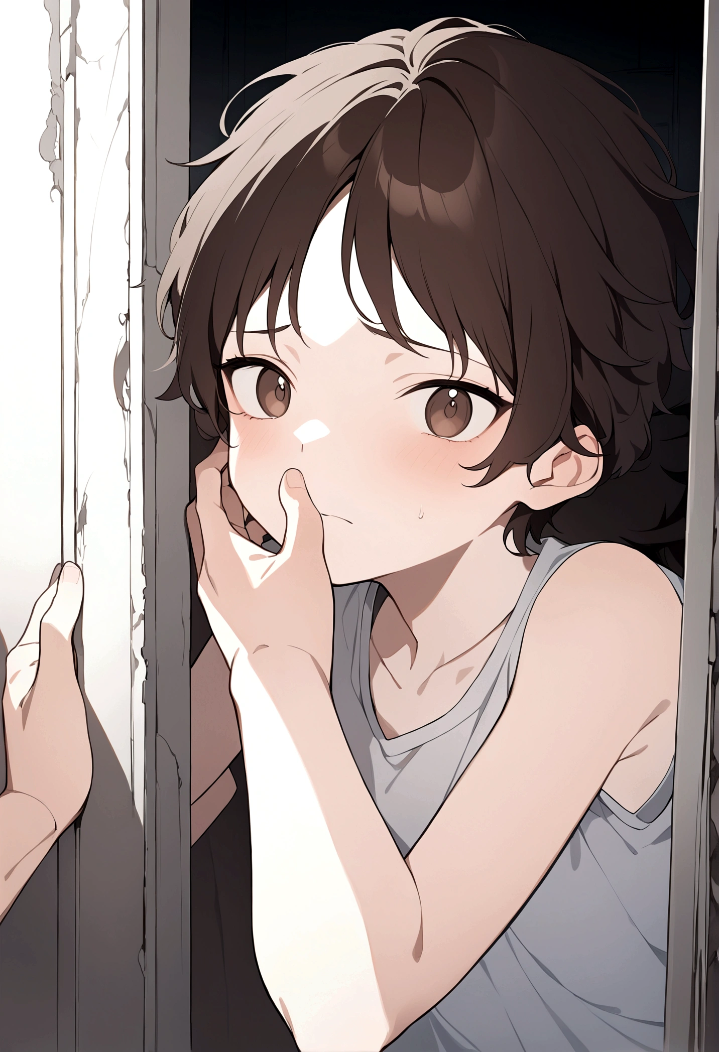 (Masterpiece, 32k, 8k, image focused on the character's face), young boy, 13 years old, tired expression on his face, waking up from a long sleep, dark brown hair, dark brown eyes, (two hands of another person touch the character's face), character facing the viewer, leaning with his back against the wall of an abandoned house