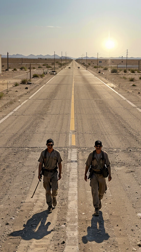 Hyper realistic picture of some prisoners of war walking and trembling from dehydration and exhaustion under the scorching sun. They are walking on a deserted and lonely road. They are sweating heavily under the scoring heat of sun.