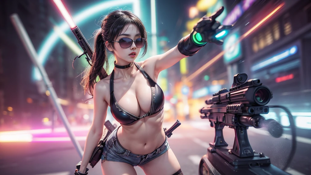 8k, Realistic Skin Texture, Realistic Photo, Neo Tokyo, slim women, large-:1.4 cleavaAD2050 at night, Dirty hunting jacket, Wearing tube top, miniskirt, (((black sunglasses, automatic rifle, sneakers, cold, shooting pose, very low angle view))), Innovative composition, revenge, cyberpunk, blade runner worldview, Large neon sign, Geisha hologram sign, Strong Wakamoto Sign.