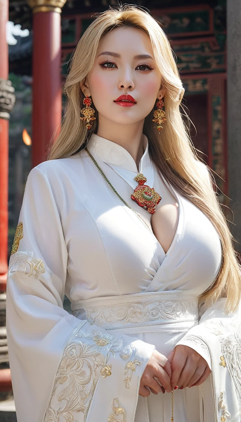 (((Hyper Real)))、(((A 30-year-old white female priest from ancient Europe)))、(((Beautiful female priest))) Mature beautiful middle-aged woman、(((Big big boobs)))、Fine skin、Beautiful plump middle-aged woman、(Fine green eyes)、Blonde fluffy long hair、{(Ancient ornate and luxurious temple)、(Many torches are burning)}、(((Big big cleavage)))、Big Ass、Red lips、(((Luxurious pure white outfit and luxurious accessories)))、