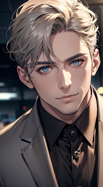 (best quality,4k,8k,highres,masterpiece:1.2),ultra-detailed,(realistic,photorealistic,photo-realistic:1.37),1 man,31 years old,mature man,very handsome,without expression,smile,short grey golden hair,blue eyes,penetrating gaze,perfect face without errors,imposing posture,businessman,office background,cinematic lighting,hdr image