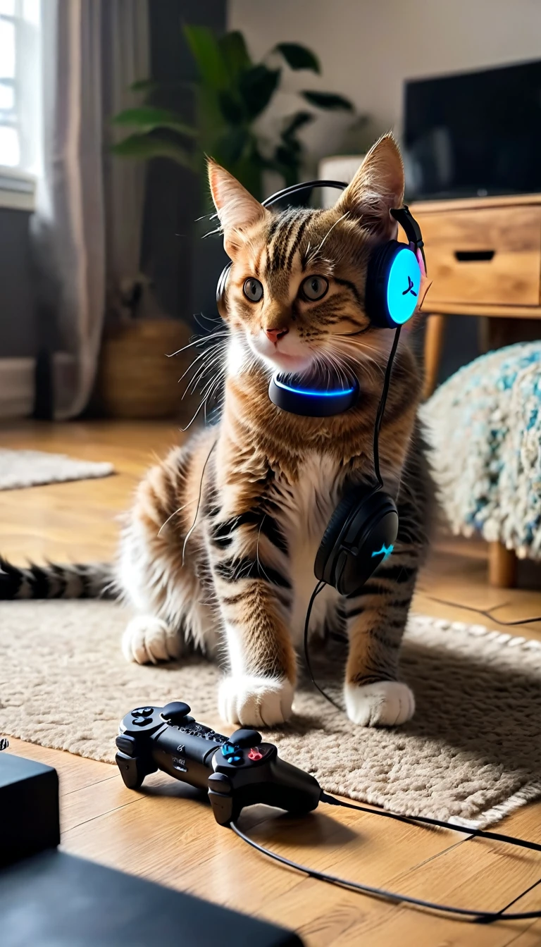 ((8K)), highest quality, 超High resolution, A cat is playing a PlayStation game with headphones in his room。