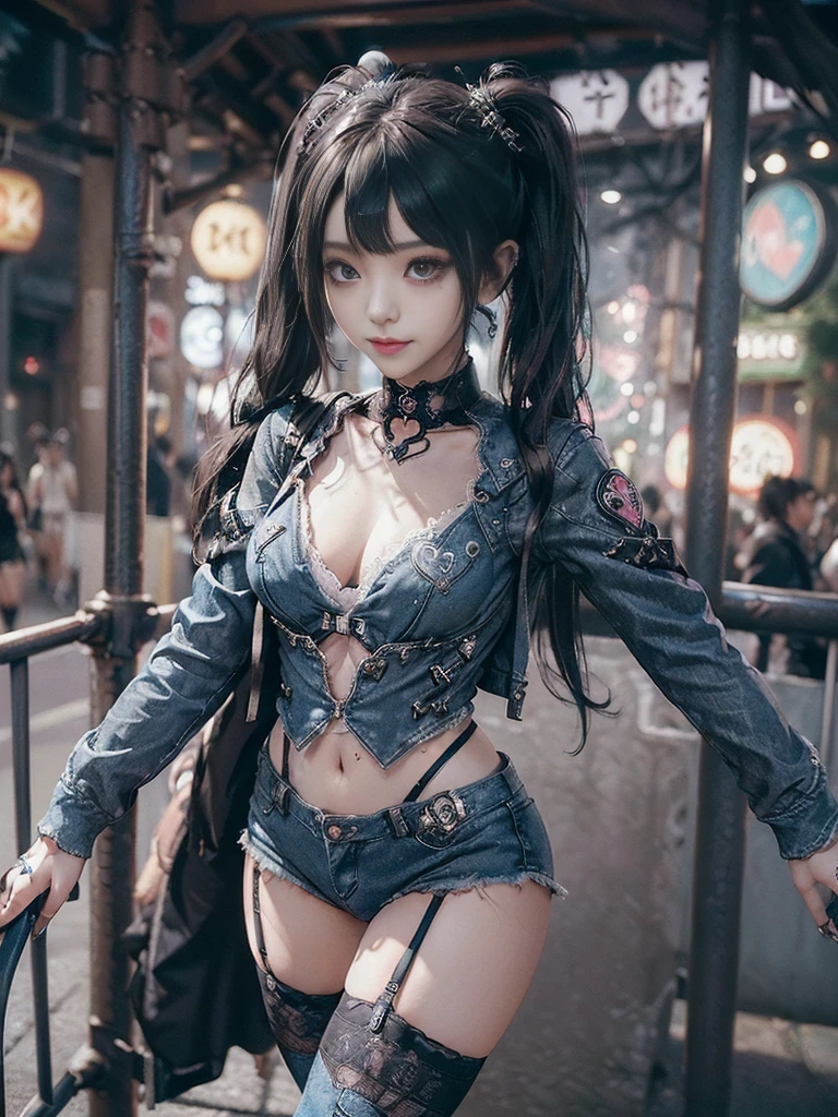 (Full Body View:1.4)、(Full body:1.4)、(Smiling with teeth showing:1.3),(Shibuya Gal:1.5)、(Underground idol style:1.4)、(gothic fashion:1.5)、(Punk RockVisual Kei:1.3)、(Futuristic baby doll in black, white and denim:1.5)、(A delicate jacket in denim, beige and navy:1.5)、(Denim garter belt:1.5)、(Denim and black and white bodysuit:1.4)、(Heart-shaped silver accessories:1.5)、(Brown Skin Belt:1.4)、(Blue High Heels:1.4)、(Lace patterned underwear:1.4)、20-year-old、NSFW,((Highest quality、In 8K、masterpiece:1.3))、Sharp focus:1.2、(Layered Cut、Beautiful boobs:1.1),Beautiful woman with perfect figure:1.4、(Doing an aerobics pose:1.3)、Slender Abs:1.2、Butt、Highly detailed face and skin texture、Detailed eyes、double eyelid,(Twin tails:1.3)、(Black brown hair:1.3)、Obscene、Gravure idol、(Luxurious amusement park at night:1.3)、(Make your legs thinner:1.4)、(Thin thighs:1.4)、(Slim body:1.3)、(clavicle:1.1)