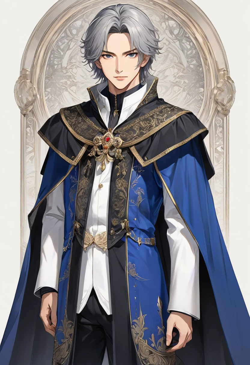 Full-body portrait standing in the front. Full-body portrait standing in the front. The background is simple and no characters are wearing a blue suit and cape. The short version does not touch the ground.(Poncho top at knee length)A handsome anime man wearing a large white fancy collar looking at the audience. Male version of handsome full body portrait. High resolution., Super detailed masterpiece, Wheels within wheels, Best quality for long gray hair, Korean face, Anime eyes, Gothic prince costumes with detailed interiors in medieval style, Detailed Character Art Academy Beautifully detailed, Delicate and exquisite frontal standing full body portrait(Don't go beyond the screen)Anatomically correct animated style modern front full body portrait(Don't go beyond the screen)official art, Impressive.全身肖像 超細緻的動畫藝術 完美的構圖 Wheels within wheels的細節 細緻數位藝術