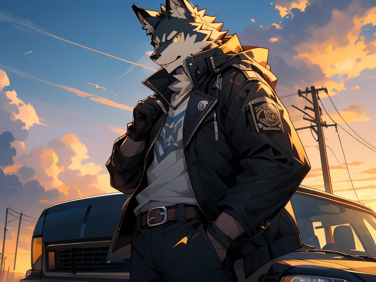 in ruins,Armageddon, Post-Apocalypse,masterpiece, best quality, perfect ???????,nj5furry,kemono,
solo,male,anthro,wolf,baggy clothing,detailed eyes, looking at viewer, dusk sky, cloudy,Armageddon, Post-Apocalypse,1 boy, solo, looking at viewer, serious,sad, shirt, yellow eyes, gloves, long sleeves,closed mouth, standing, jacket,
, black fur, cowboy shot, outdoors, open clothes, sky, belt, cloud,
black gloves, open jacket, yellow eyes,
black jacket, ground vehicle, building,jacket, motor vehicle, pouch, car, radio antenna