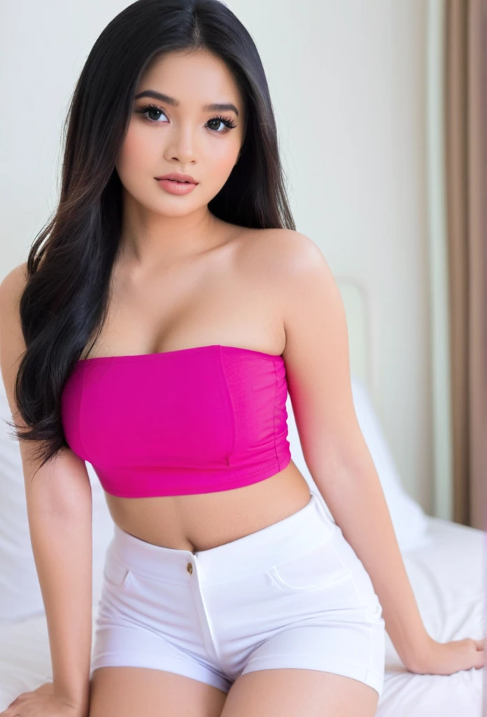 close-up of beautiful Indonesian, Amanda Manopo is a Indonesian actress and model, age 25 years old girl, youthful face, perfect body, white body skin, very rapunzel long hair, standard black hair, straight hair, 34 inches breasts size, wearing a plain standard magenta pink strapless tube top, wearing a tight plain standard white mini short leggings, Manopo's clothes were cut off by my boyfriend using scissors from the t-shirt to the tube top to make Manopo sigh and tease, strand by strand Manopo's clothes fell because they had been cut, the rest of Manopo's clothes were scattered at the bottom because they had been cut, Manopo's clothes showed off her breasts because they were cut off by my boyfriend so that they looked more sexy and seductive, sexy looking pose, pose a naughty look, pose looks seductive, at the boyfriend bedroom, boyfriend bedroom background, UHD