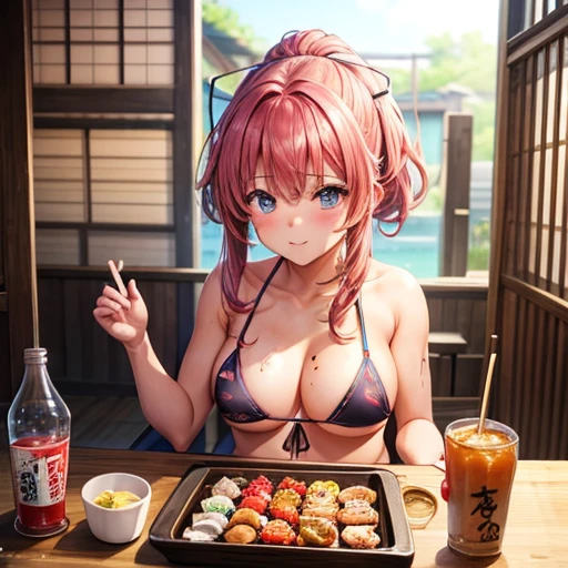 A girl in a micro bikini making yakitori