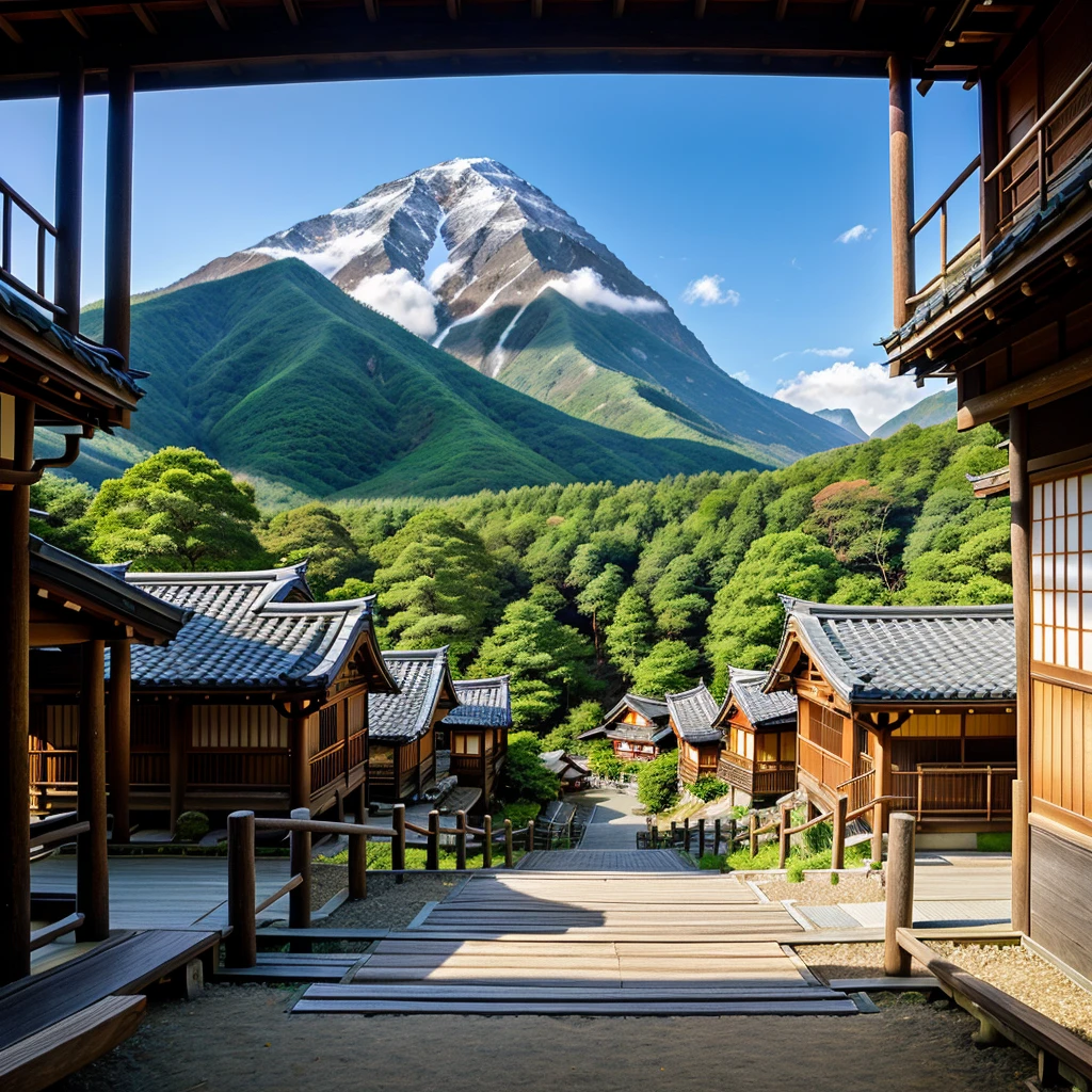 A serene Japanese mountain village with traditional wooden houses, lush greenery, and mountains in the background under a clear sky.