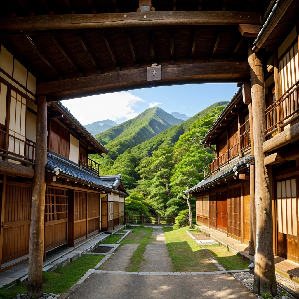 A serene Japanese mountain village with traditional wooden houses, lush greenery, and mountains in the background under a clear sky.