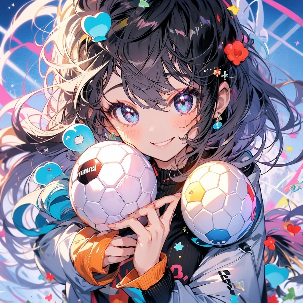 Highest quality、masterpiece、Anime Girls、((Have a soccer ball))、smile、Upper Body、Lots of balloons、Gwaiz、Birthday lettering