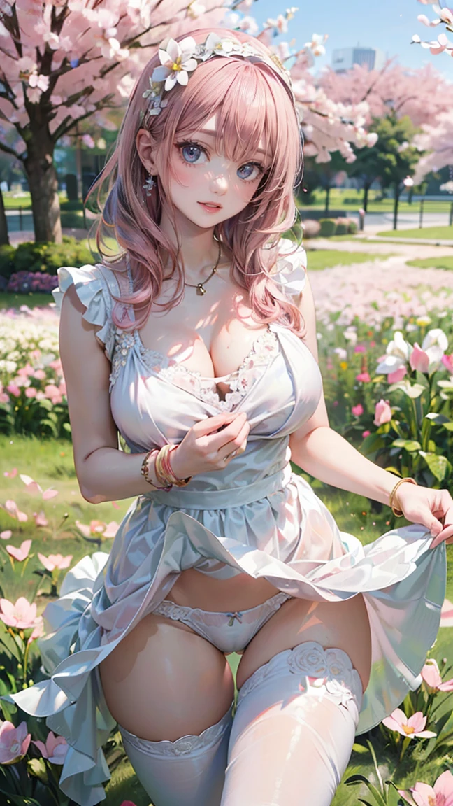 (Masterpiece, BestQuality:1.3), (ultra detailed:1.2), (hyperrealistic:1.3), (RAW photo:1.2), High detail RAW color photo, professional photograph, (Photorealistic:1.4), (realistic:1.4), professional lighting, perfect anatomy, (Big Breasts:1.2), (blush, detailed face), (cheerful Smile:1.5), (Pink Hair:1.5), Trending Hair&Trending Hairカラーをランダムに, earrings, necklace, bracelet, sexly, erotic sexly, Random sexy gravure poses, ((Woman in white chiffon dress、Spring flower field background、Bright smile、Flower Headband、Pose to lift skirt and show thighs。: 1.3)