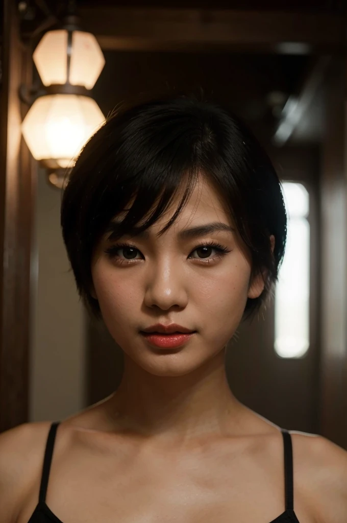 asian girl portrait, short hair, ultra sharp, super light, fleshy red lips, big lips