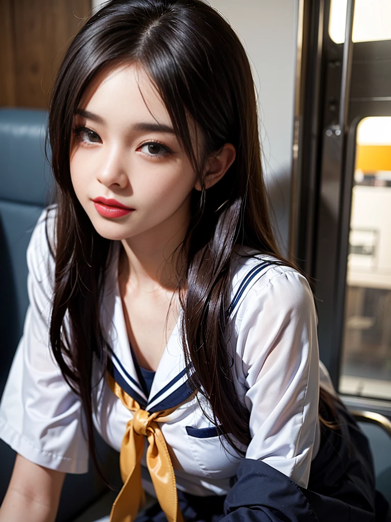 (masterpiece:1.2), (8K High Resolution), (Highest quality), (RAW Image Quality),(Realistic), (Realistic:1.37),,Large Eyes,Long eyelashes,Very sexy,(Live-action realistic style),The ultimate face,Realistic light and shadow,Distinct facial features,Fair skin, Highly detailed skin,Realistic skin details,(Super detailed),,Best Portrait, With a girl1People only, Cute face,Beautiful attention to detail, Beautifully detailed nose, Highly detailed skin ,(Show your best smile to the audience),(Beautiful face with double eyelids),((Full body image)), (realism: 1.4), Ultra-high resolution,Delicate and beautiful face,18-year-old,(Beautiful Face 1.4),Slender, (I wear short skirts:1.2),big,A beautiful, brightly lit face,Panties are visible,,((Japanese high school sailor uniform)),Red lipstick,Discomfort around the eyes,,Hair length: short, ,(I like showing my underwear to the viewers.),Sailor suit Japan,,Standing on the train,(I'm wearing white lace panties.),((Flip up skirt to expose panties)),,(It's a close-range shot.),(Back view),お尻が少しbig