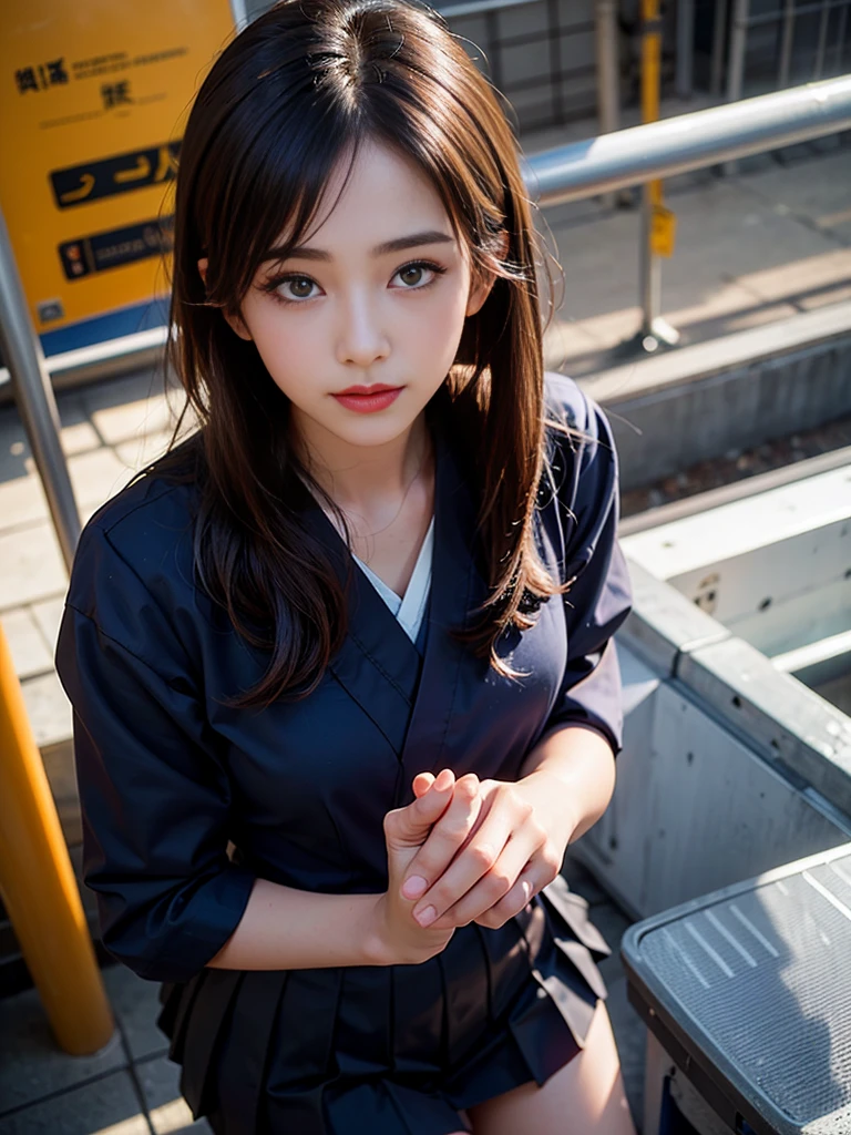 (masterpiece:1.2), (8K High Resolution), (Highest quality), (RAW Image Quality),(Realistic), (Realistic:1.37),,Large Eyes,Long eyelashes,Very sexy,(Live-action realistic style),The ultimate face,Realistic light and shadow,Distinct facial features,Fair skin, Highly detailed skin,Realistic skin details,(Super detailed),,Best Portrait, With a girl1People only, Cute face,Beautiful attention to detail, Beautifully detailed nose, Highly detailed skin ,(Show your best smile to the audience),(Beautiful face with double eyelids),((Full body image)), (realism: 1.4), Ultra-high resolution,Delicate and beautiful face,18-year-old,(Beautiful Face 1.4),Slender, (I wear short skirts:1.2),big,A beautiful, brightly lit face,Panties are visible,,((Japanese high school sailor uniform)),Red lipstick,Discomfort around the eyes,,Hair length: short, ,(I like showing my underwear to the viewers.),Sailor suit Japan,,Standing on the train,(I'm wearing white lace panties.),((Flip up skirt to expose panties)),,(It's a close-range shot.),(Back view),お尻が少しbig