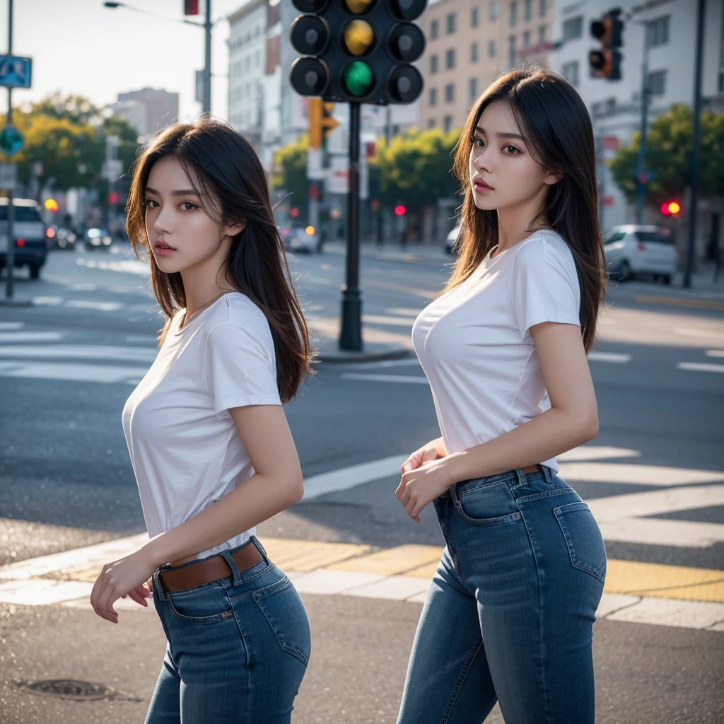 a beautiful girl wearing gradient tone t-shirt, jeans, standing at a crossroads with a traffic light, extremely detailed and realistic face with beautiful eyes, detailed clothing, dynamic and dramatic pose, vivid colors, dramatic lighting, moody atmosphere, 8k, best quality, photorealistic, masterpiece